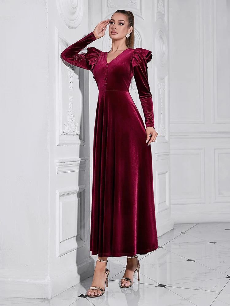 V Neck Ruffles Long Sleeve Velvet Button Slim A line Maxi Dress