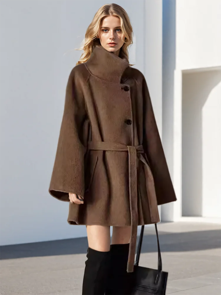 Turtleneck Loose Single Breasted Sashes Short Blends Woollen Overcoat