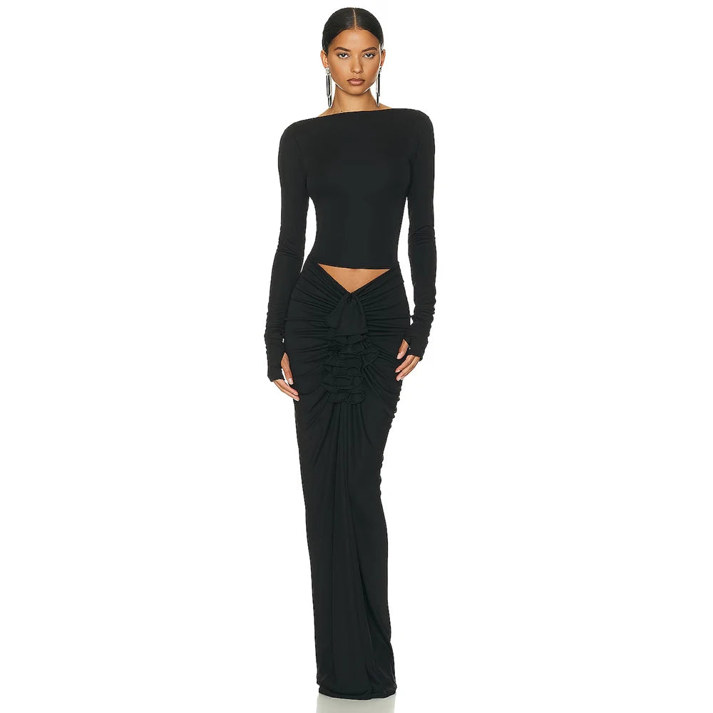 Backless Long sleeved Top & Draping Maxi Skirt Set