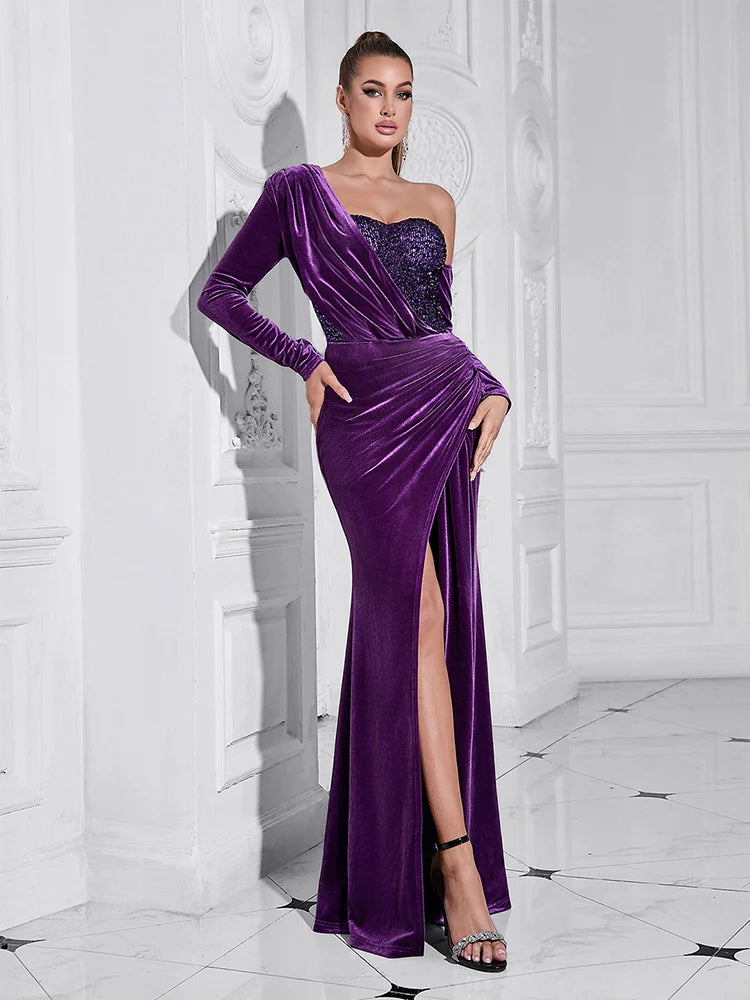 Asymmetrical Neck Sequins Patchwork Velvet Long Sleeves Split Maxi Dress