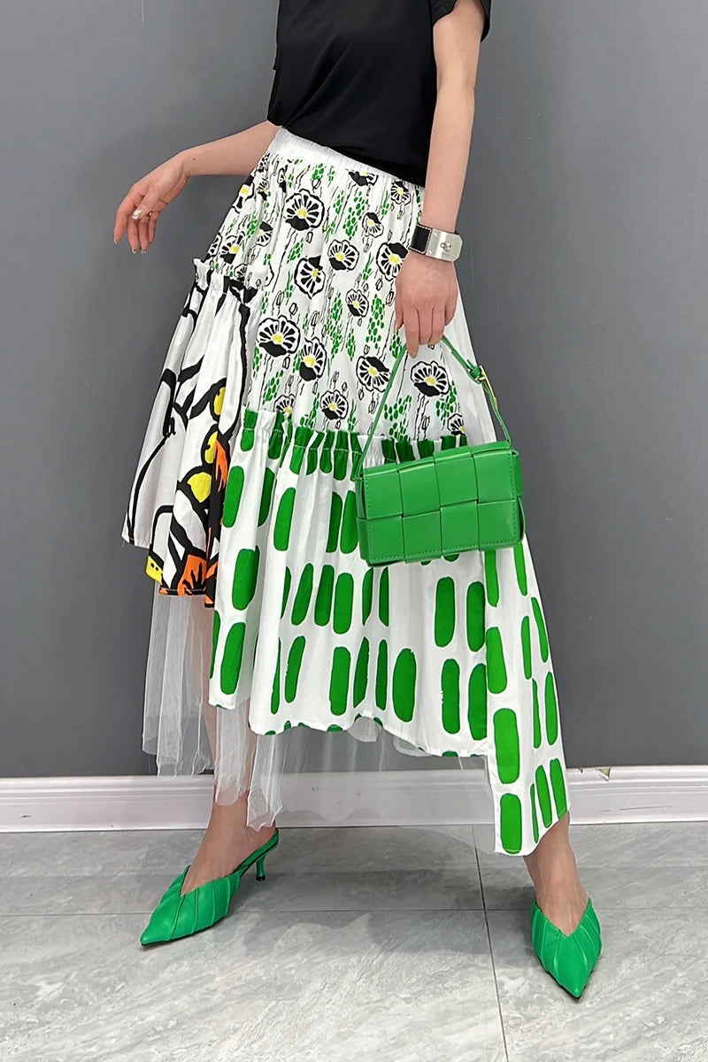 Printed Mesh Spliced Contrast Colour Elastic Waist A-line Skirts