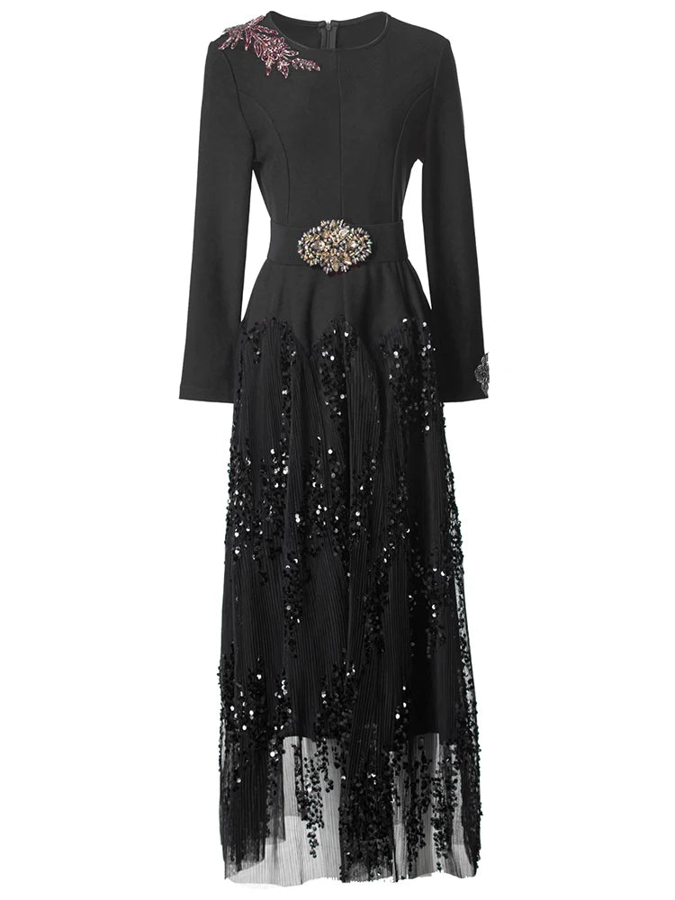 Sequins Mesh Patchwork O-Neck Long Sleeve Beading Mid Dress