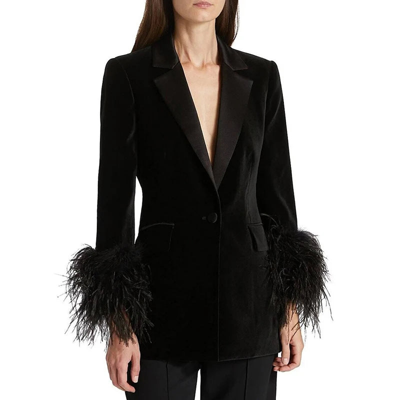 Velvet Feathers Satin Lapel Collar Long Sleeve Blazer