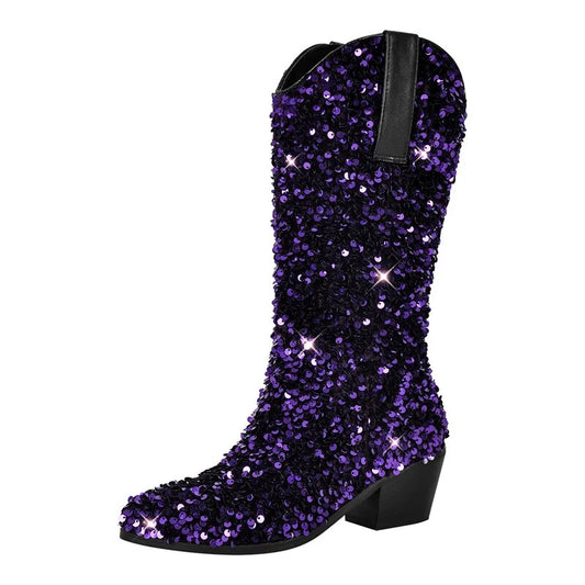 Pointed Toe Bling Block Heel Pull-On Sequined Knee High Boots
