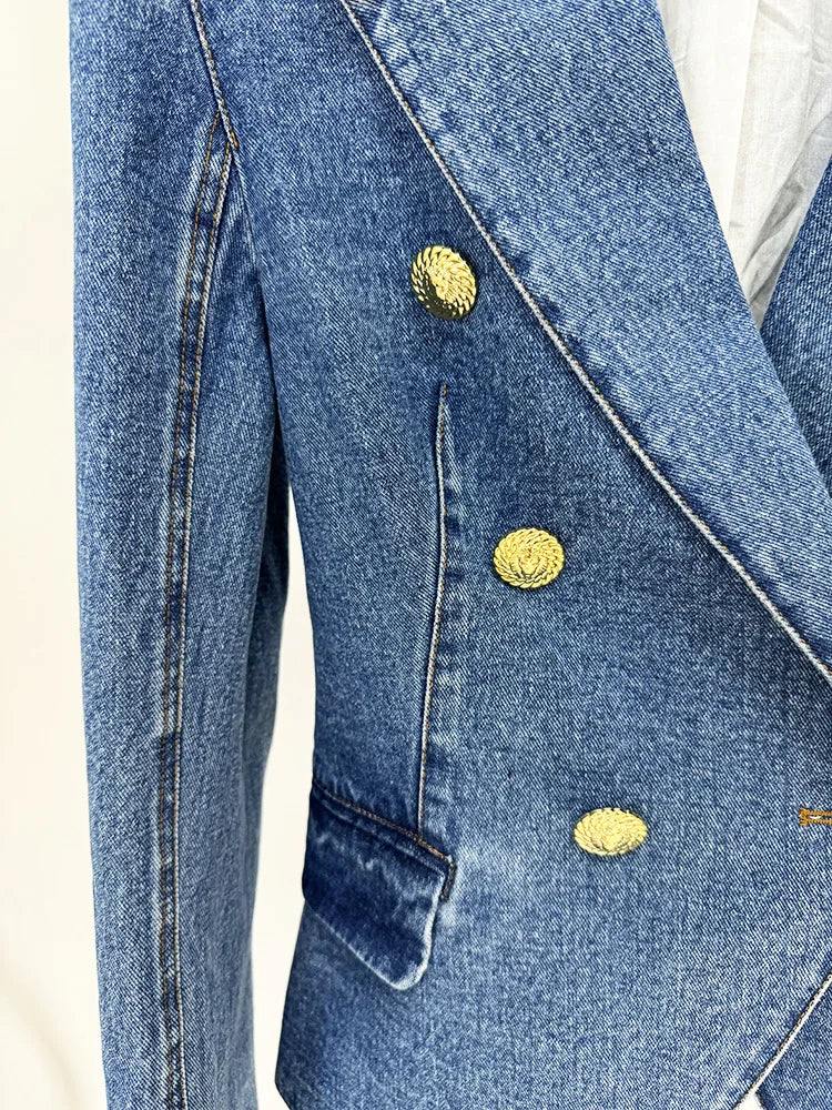 Double Breasted Lion Buttons Denim Blazer Back Zipped Mini Skirt Set