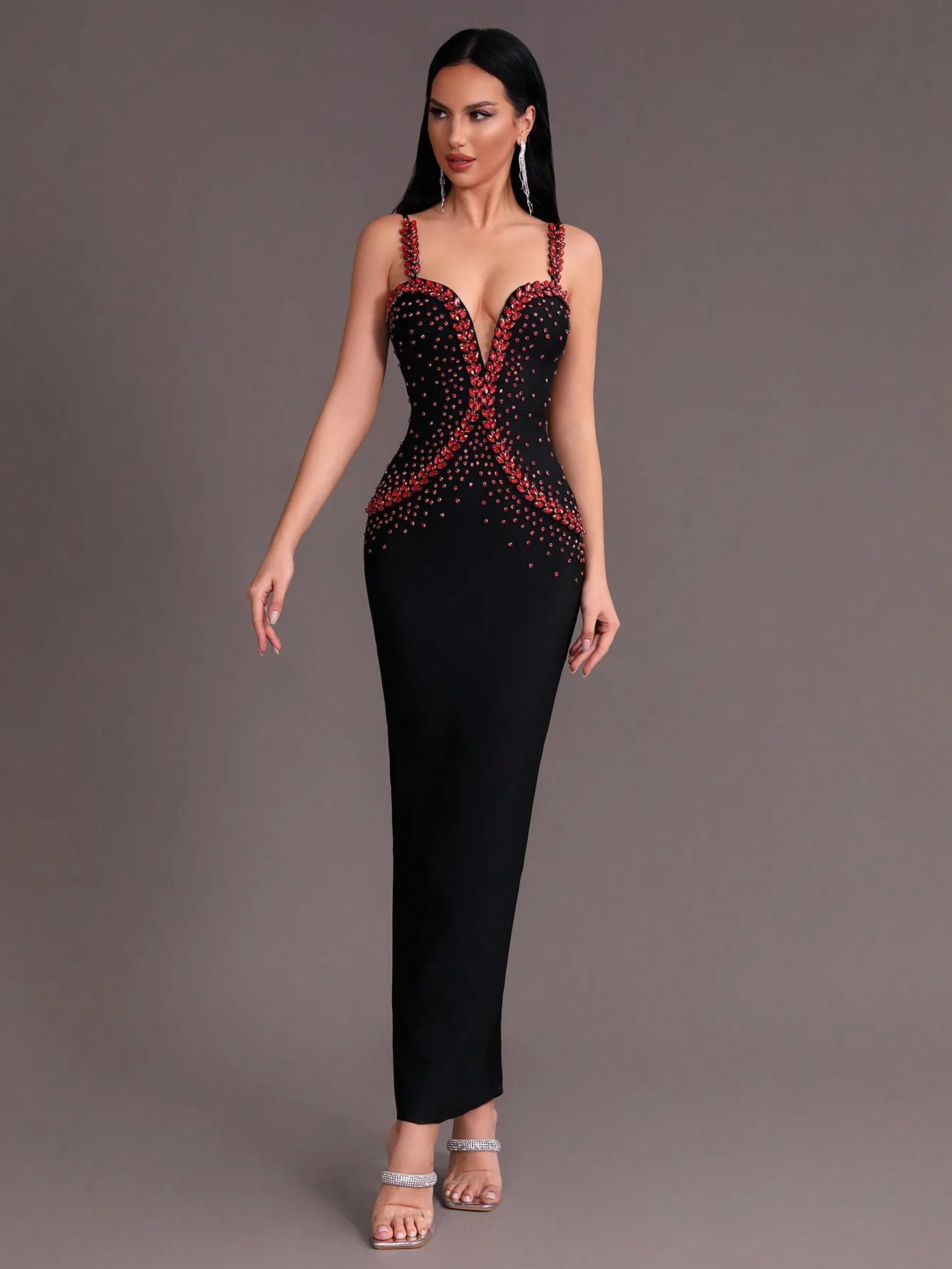 Tight V-Neck Sleeveless Diamonds Decor Maxi Bandage Dress