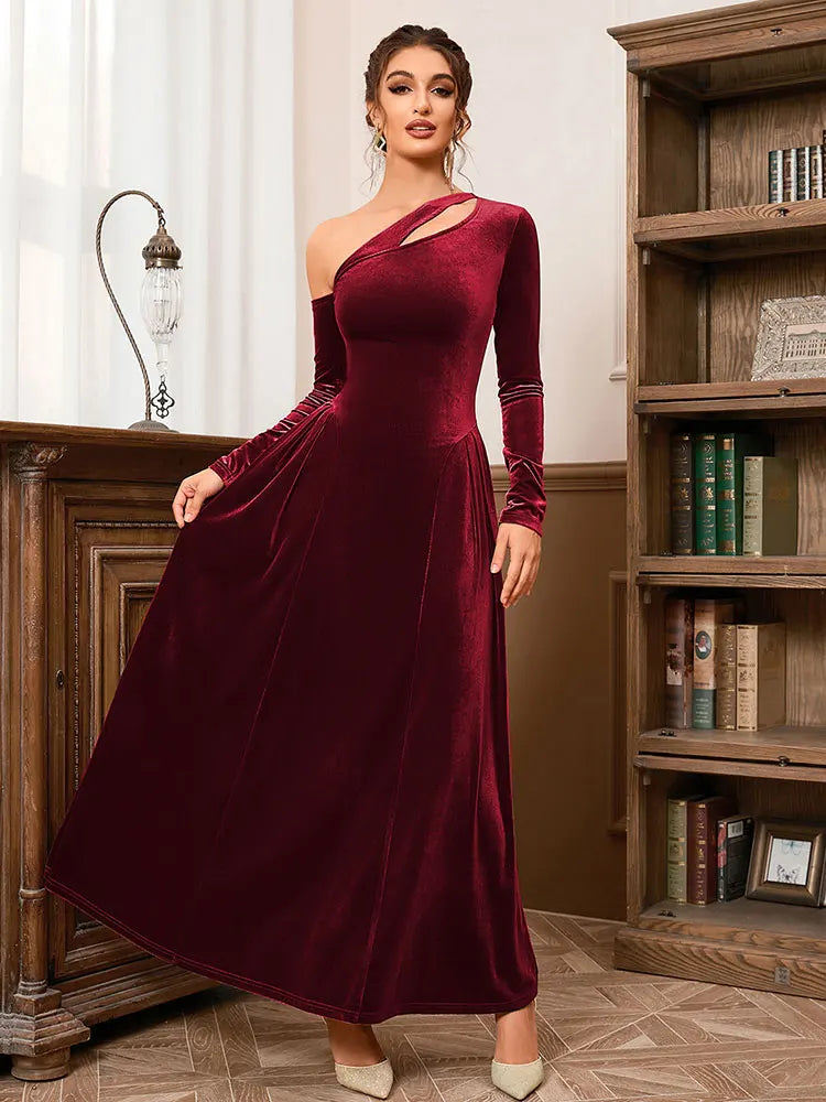 Velvet Slant Neck Long Sleeve Loose Hundred pleats Maxi Dress