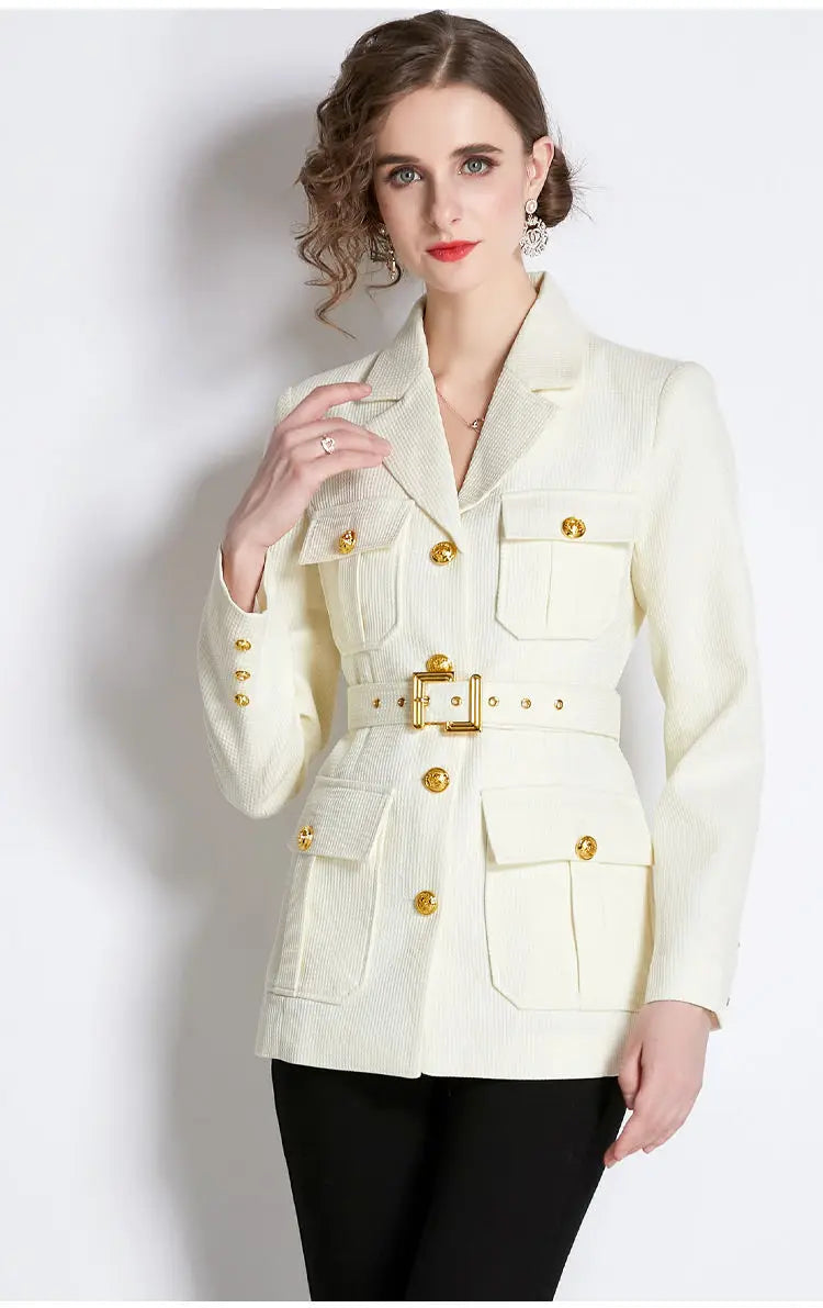 Chickened Vintage Golden Buttons Pocket  Collar Belted Blazers