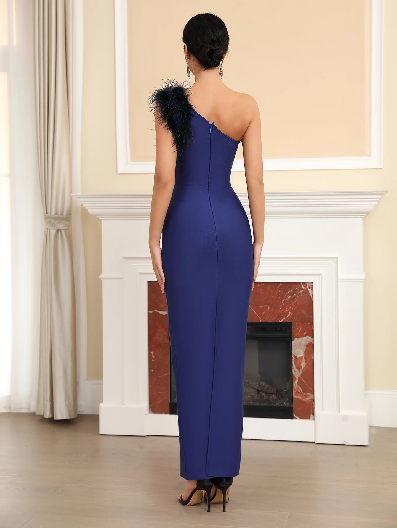 One Shoulder Feather Formal Ball Split Cut Maxi Bandage Dress