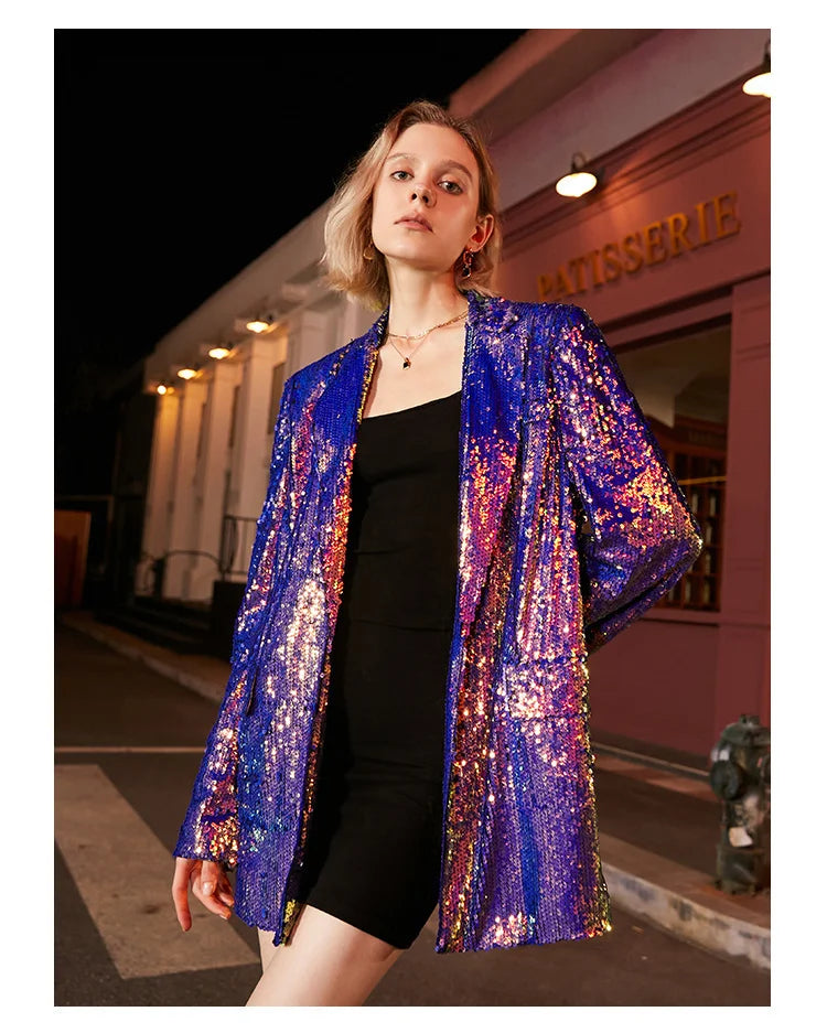 Sequin Notched Single Button Pockets Slim Colourful Blazer