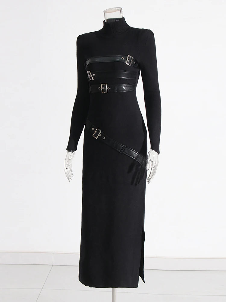 Spliced Belt Split Stand Collar Long Sleeve High Waist A Line maxi Dress