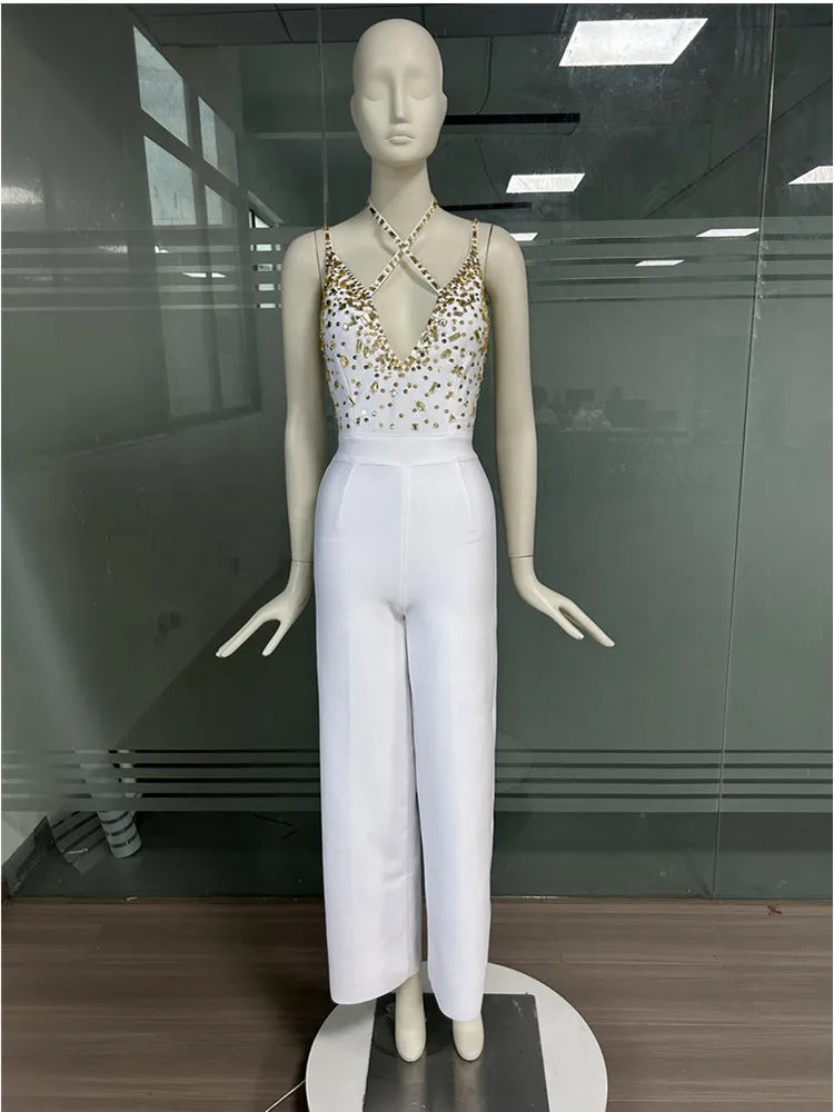 Strap Coros V Neck Backless Diamond Patchwork Flare Bandage Jumpsuit