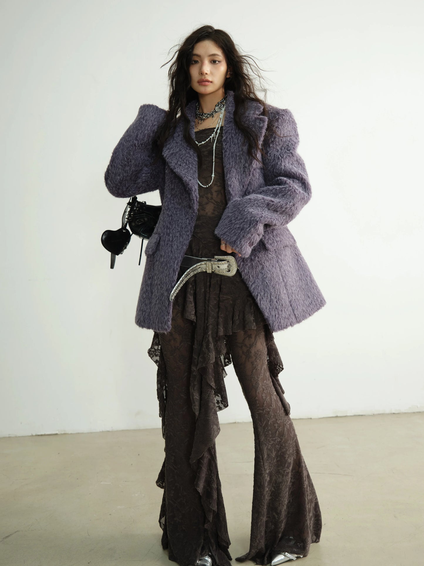 Spliced Pockets Lapel Long Sleeve High Waist Woollen Coat