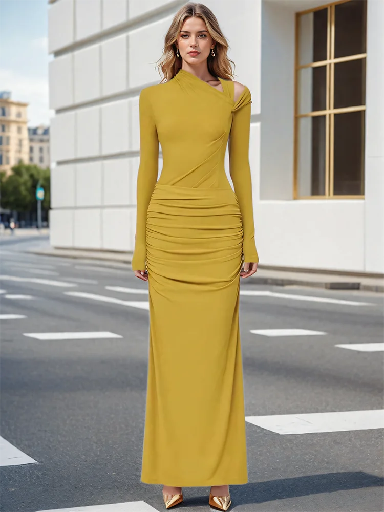 Diagonal collar Long Sleeves Folds Elastic Zipper Slim Maxi Dress