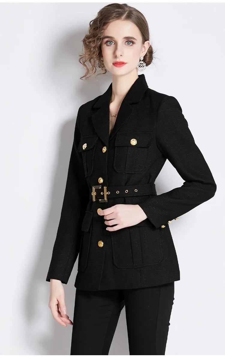 Chickened Vintage Golden Buttons Pocket  Collar Belted Blazers