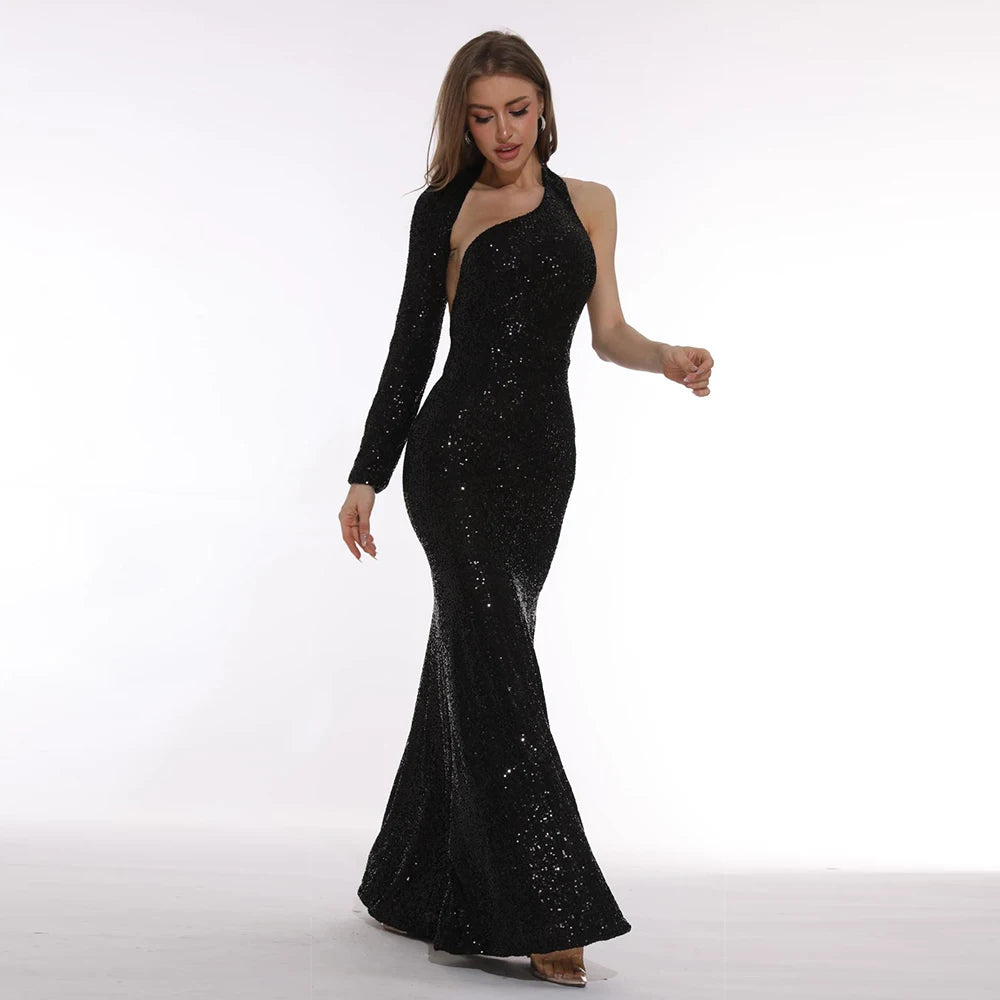 One Shoulder Long Sleeve Tight Maxi Sequin Dress