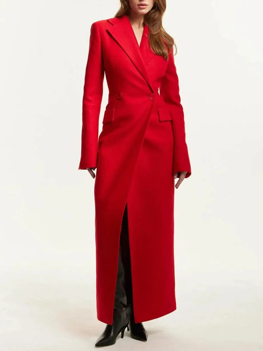 Spliced Pockets Notched Collar Long Sleeve Spliced Button Maxi Coat