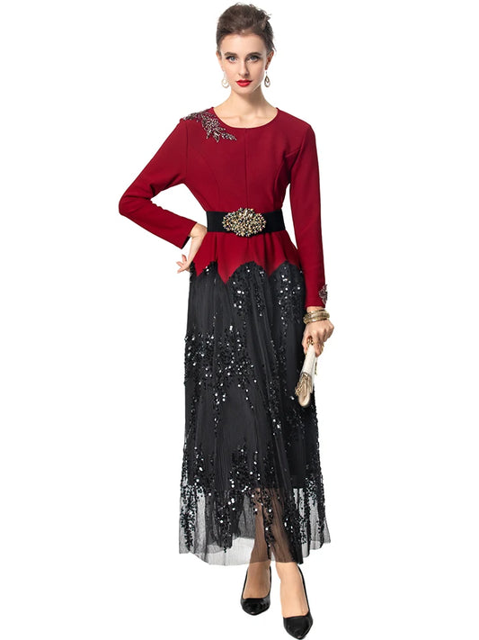 Sequins Mesh Patchwork O-Neck Long Sleeve Beading Mid Dress