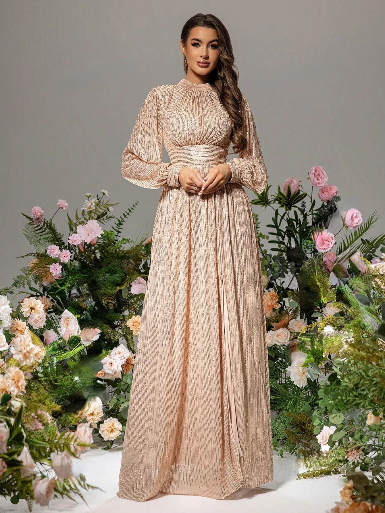 Lantern Long Sleeves Sequined Waist Cinched Loose Fit Maxi Dress