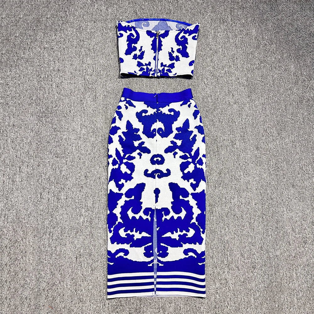 Printed Knitted Tank Top With High Waist Mid Skirt Set