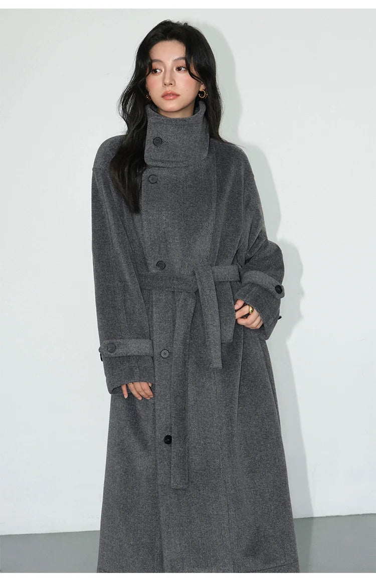 Turtleneck Loose Single Breasted Lined Sashes Blends Woollen Overcoat