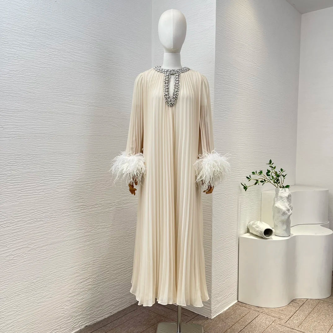 Hollow Out Patchwork Diamonds O Neck Feather Long Sleeve Loose Dress