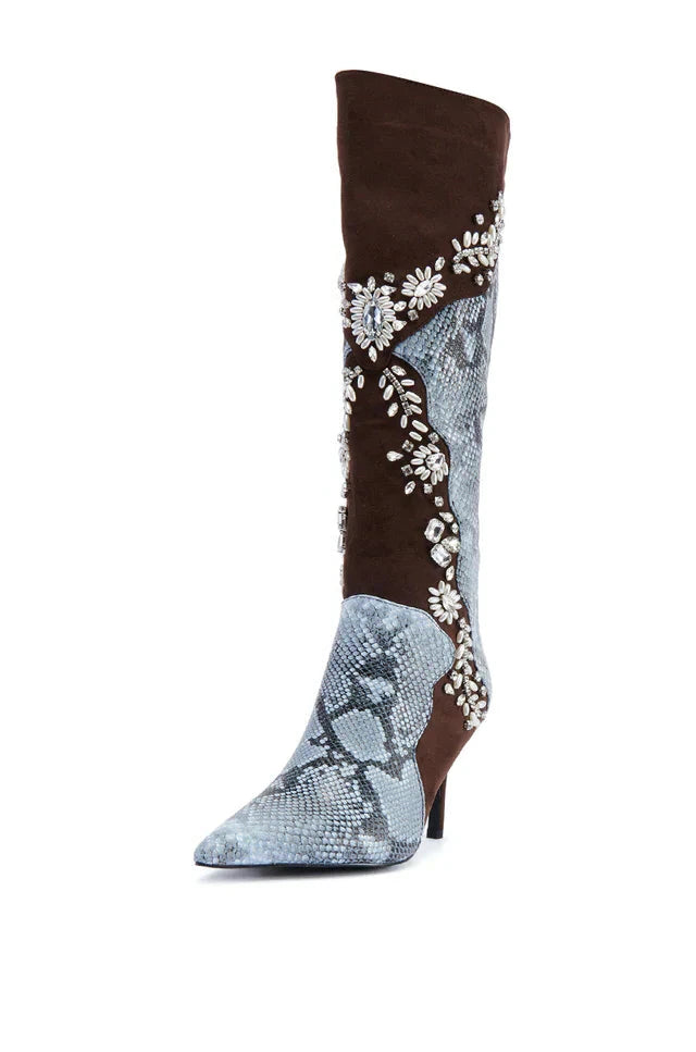 Crystal Decor High Heel Side Zipper Pointed Toe Knee High Boots