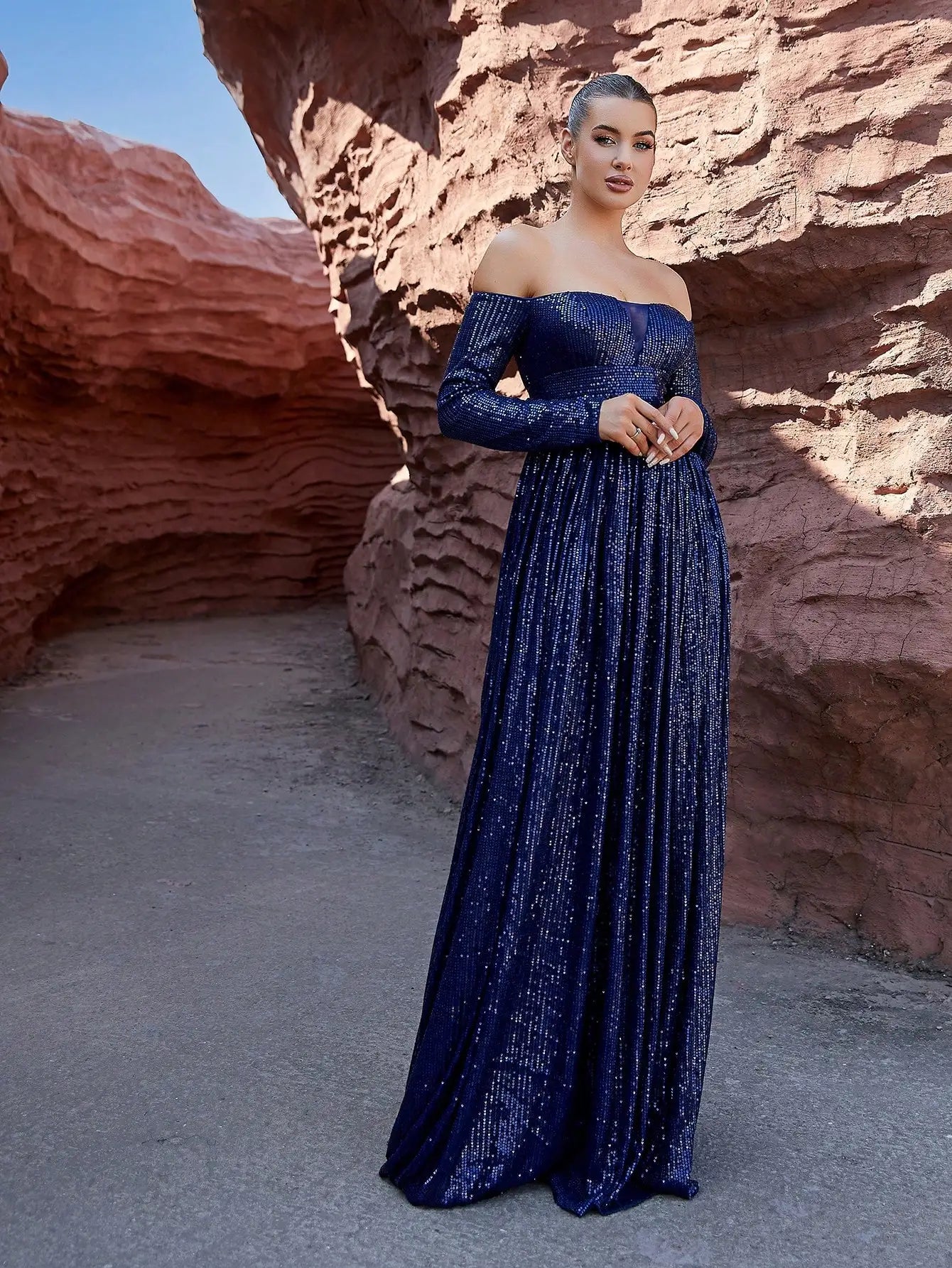 Off Shoulder A Line Long Sleeves Sequins Evening Maxi Dress