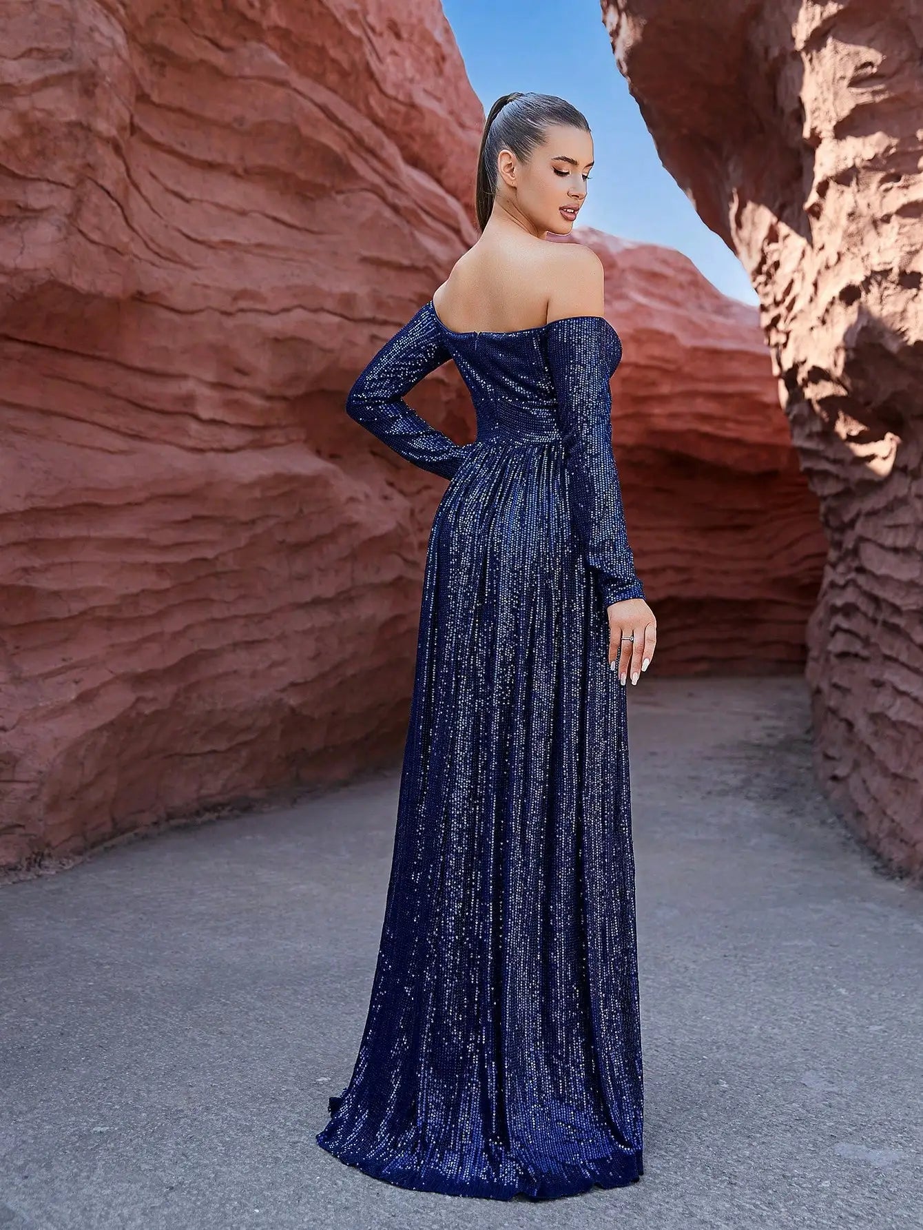 Off Shoulder A Line Long Sleeves Sequins Evening Maxi Dress