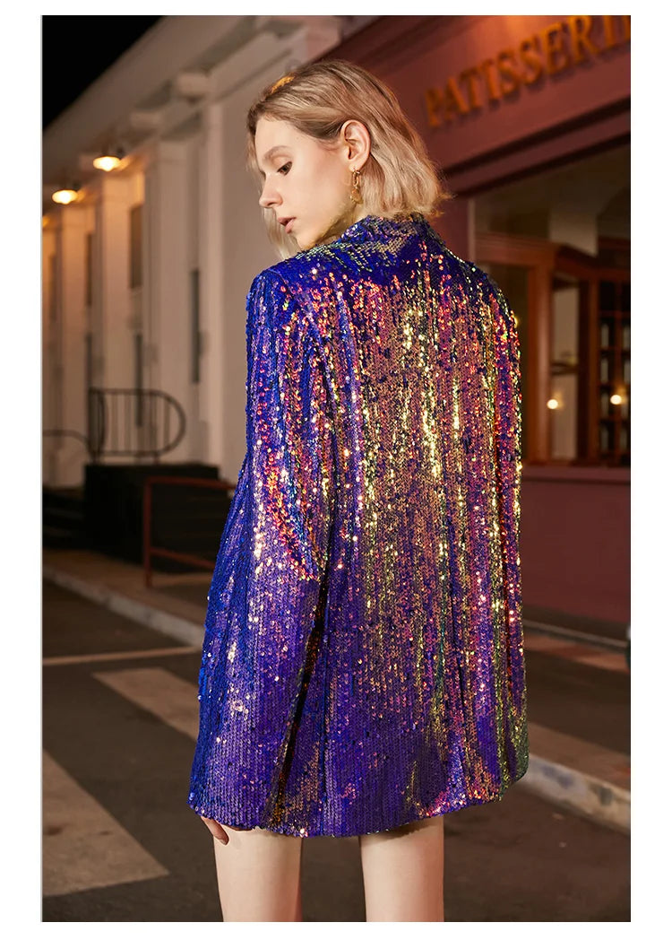 Sequin Notched Single Button Pockets Slim Colourful Blazer