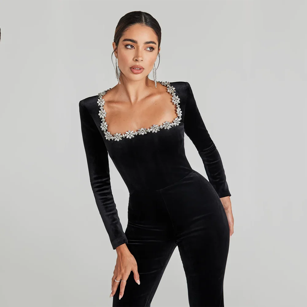 Square Neck Diamond High Waist Wide Leg Bandage jumpsuit