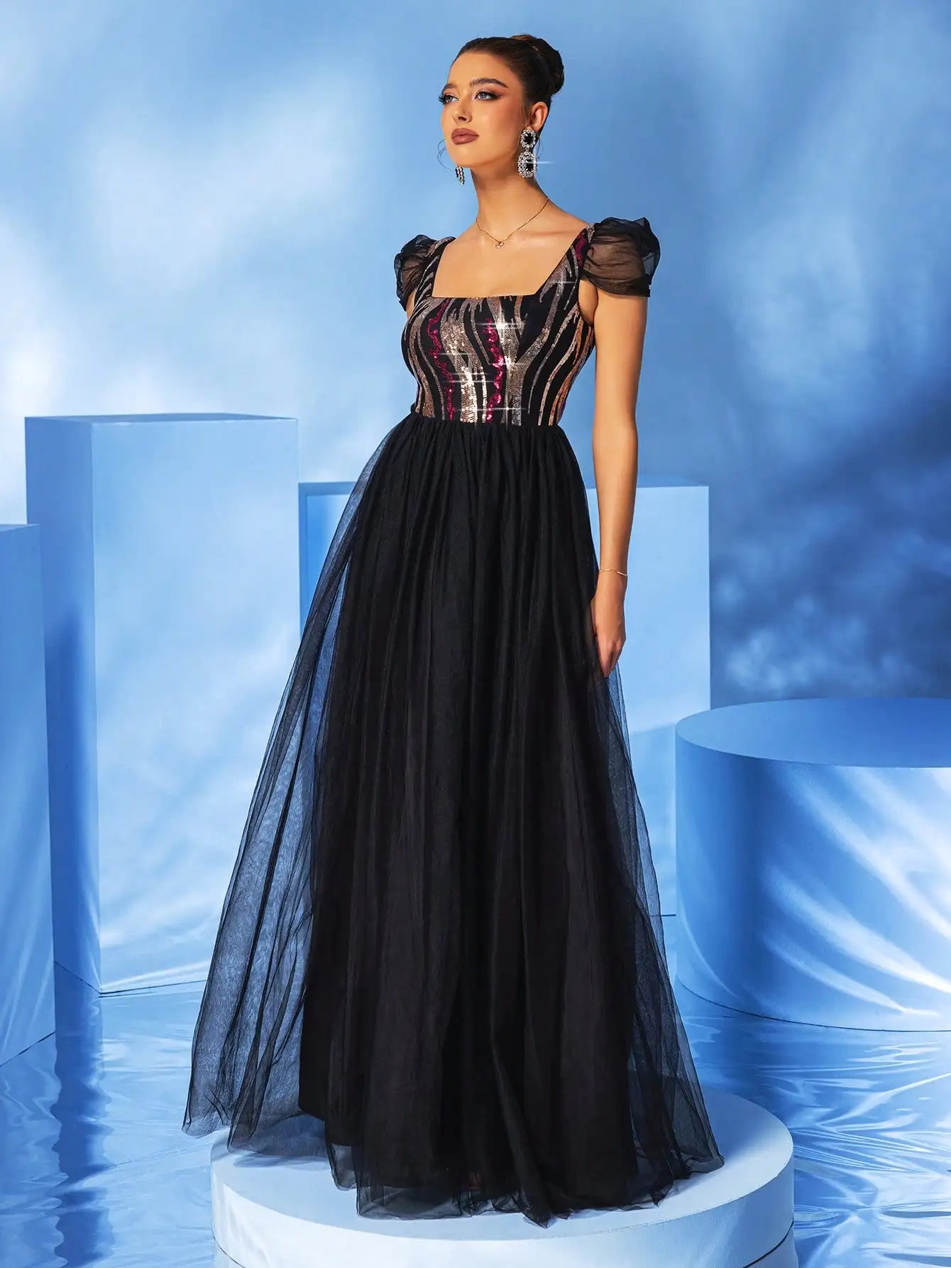 Puff Sleeve Sequin Black Mesh A-LINE Evening Maxi Dress