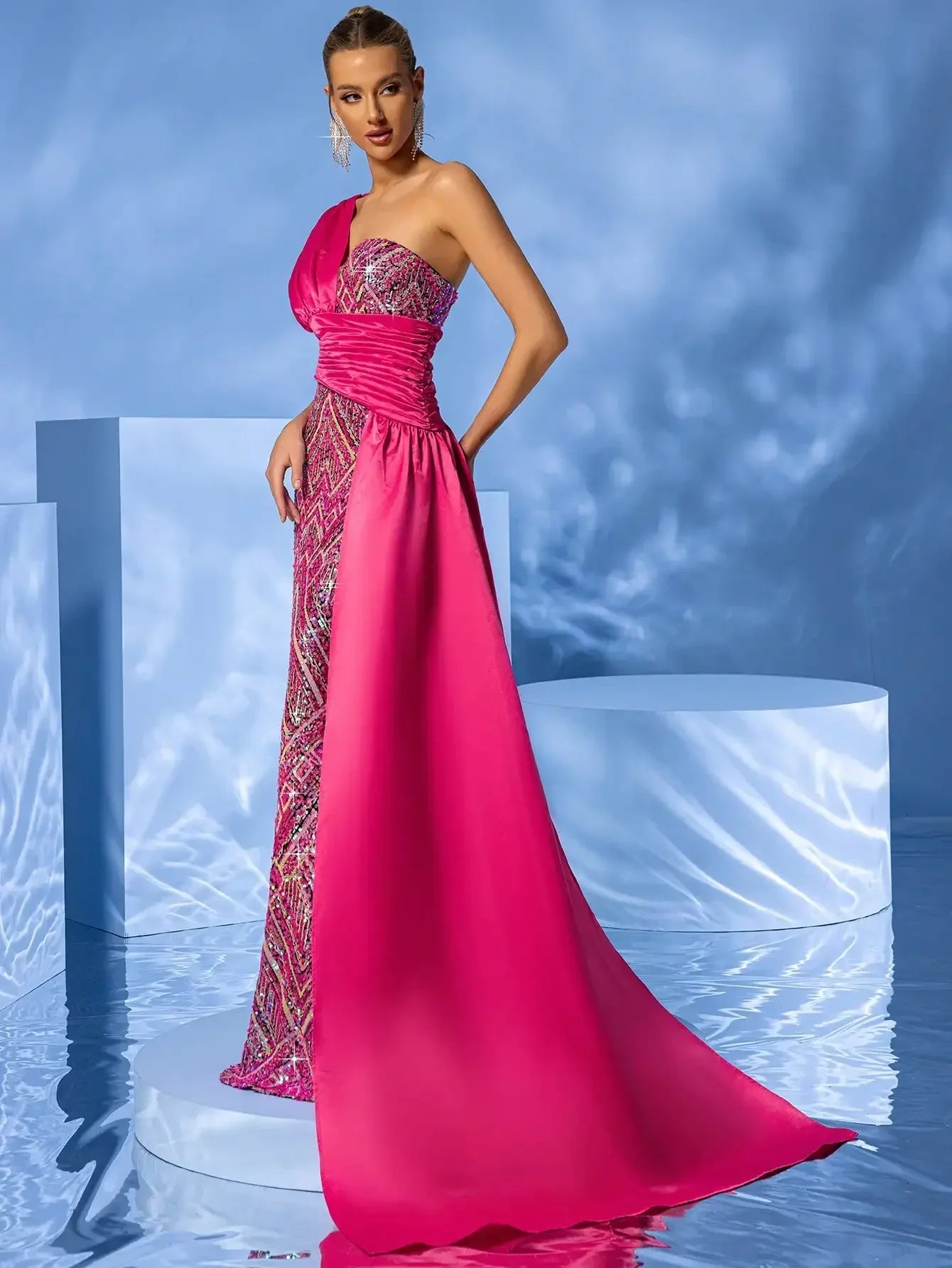 Sleeveless One-Shoulder Pink Sequined Trimmed Draping Hem Maxi Dress