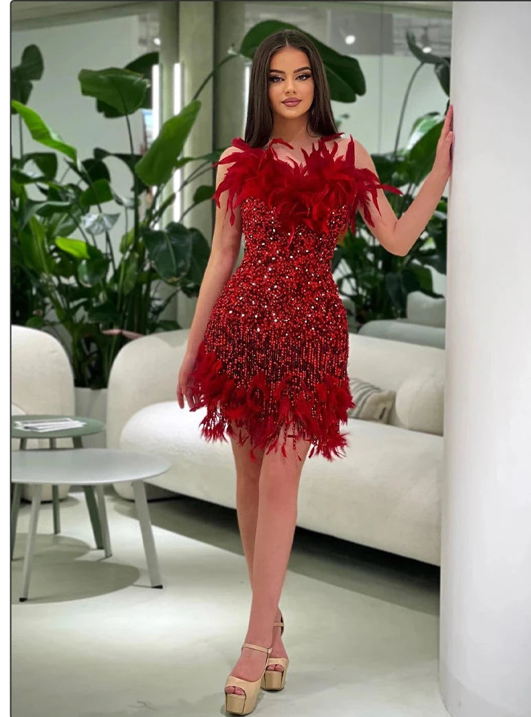 Strapless Sleeveless Feather Sequins Prom Short Evening Mini Dress