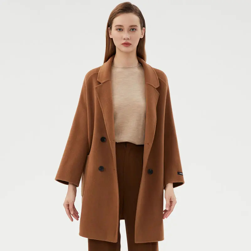 Double Breasted Long Sleeves Pockets Blends Double-Side Woollen Coat