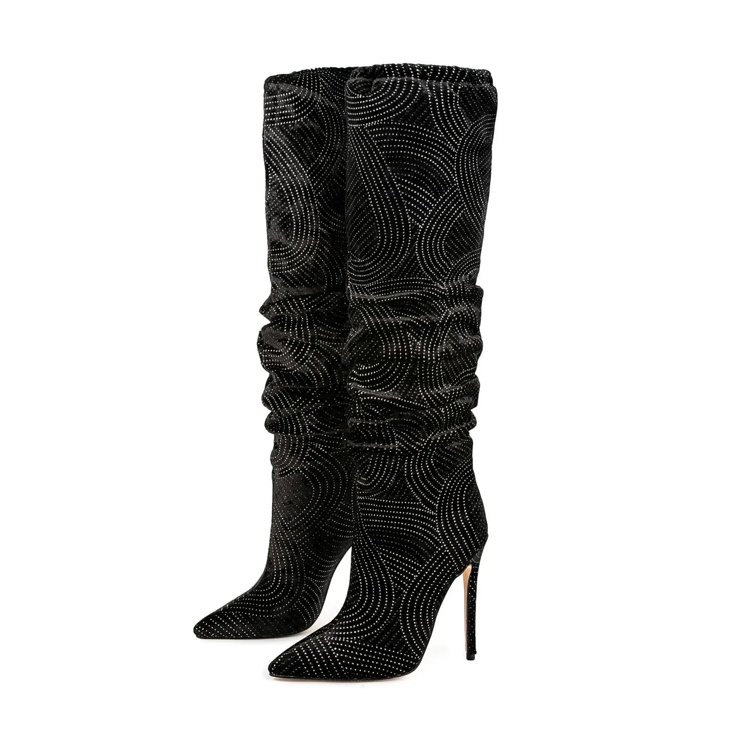 Pointed Toe Bling Crystal High Heel Knee High Boots