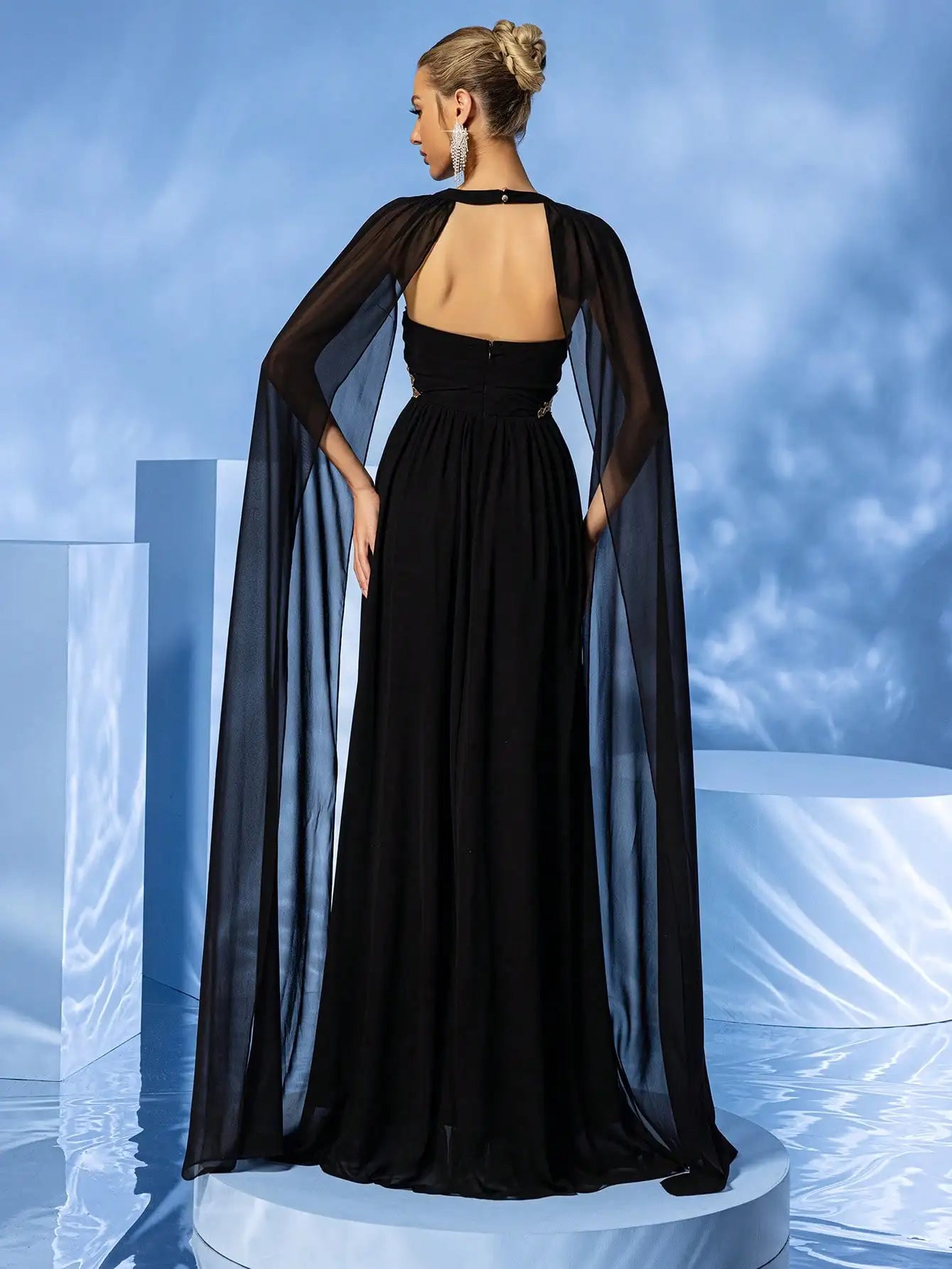 Sheer Cape Sleeve High Slit Strapless Embroidery Formal Maxi Dress