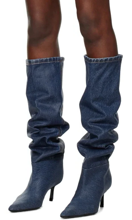 Denim Pointed Toe Tin Mid Heel Knee Boots