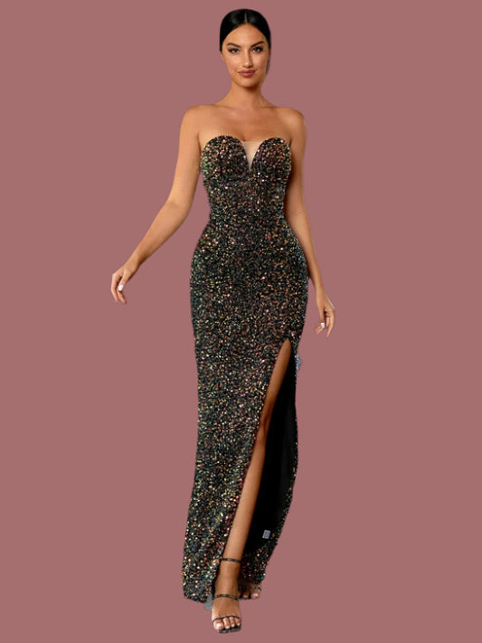 Off Shoulders Strapless One Side Slit Sequin Evening Prom Maxi Dress