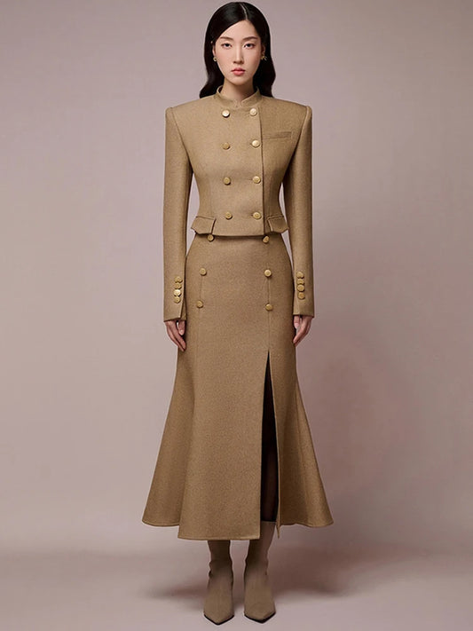 Double Buttoned Short Coat Trumpet Pleated Slit Mid Skirt Set