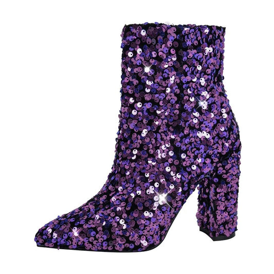 Pointed Toe Sequin Side Zipper Round Heels Ankle Boots