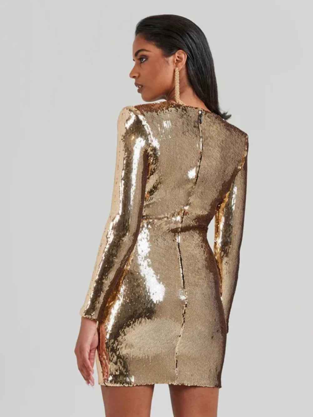 V Neck Long Sleeves Sequins Folds Slim Mini Dress