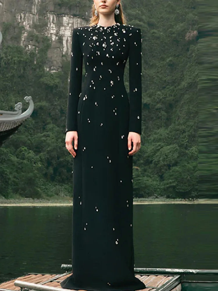 Beading Diamond Slim O-neck Zipper Loose Long Sleeves Maxi Dress