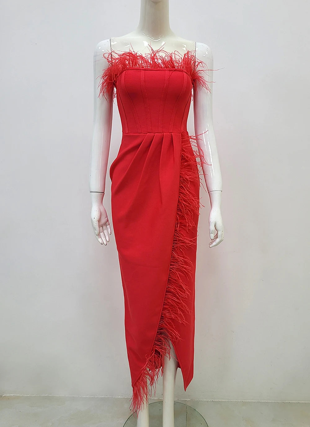 Strapless Feather Tight Split Bandage Maxi Dress