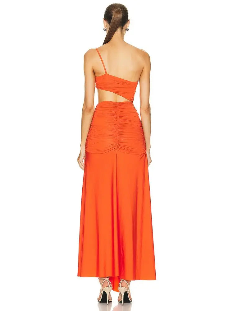 Sleeveless One Shoulder Pleated Hollow out Maxi Dress