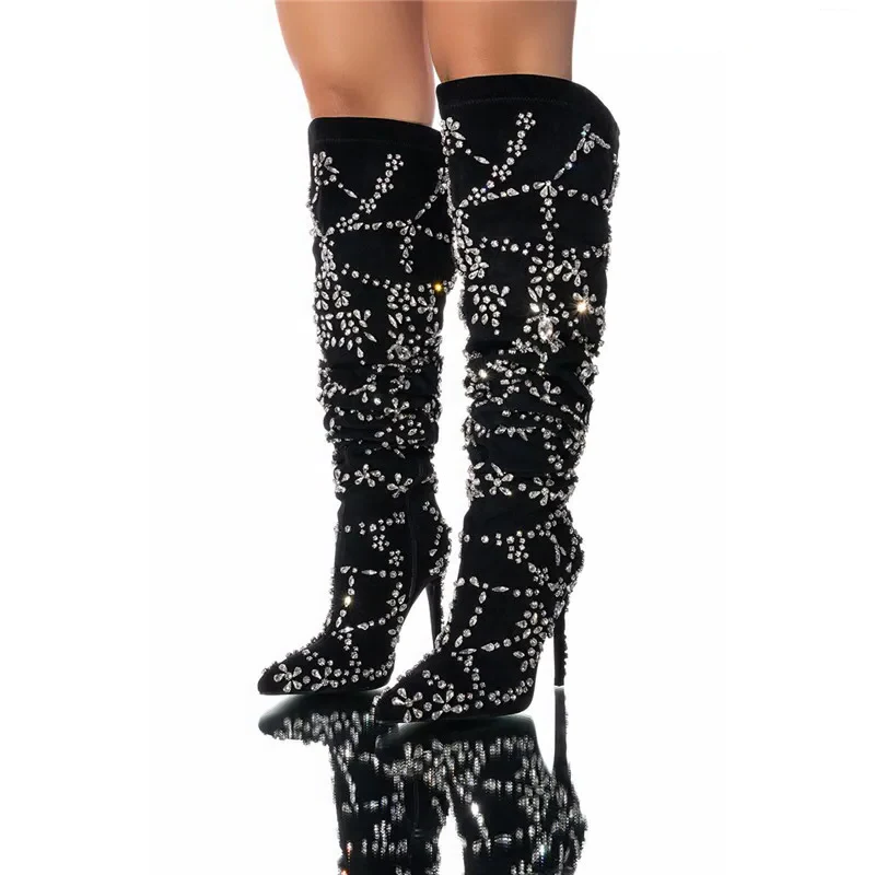 Rhinestone Flock Thigh High High Heels Over The Knee Boots