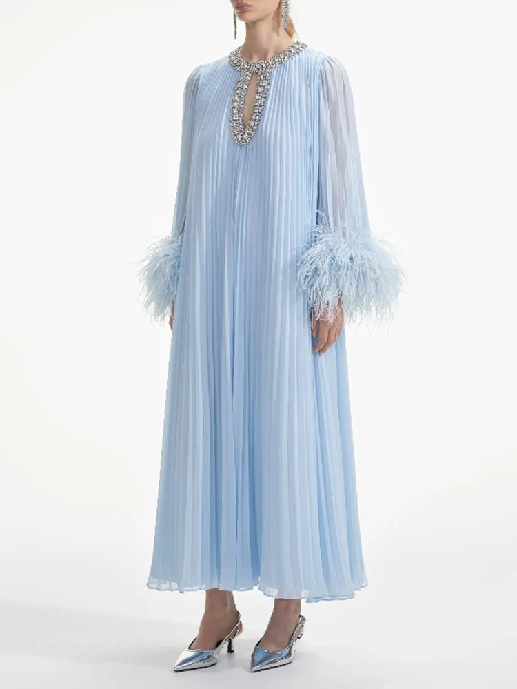 Hollow Out Patchwork Diamonds O Neck Feather Long Sleeve Loose Dress