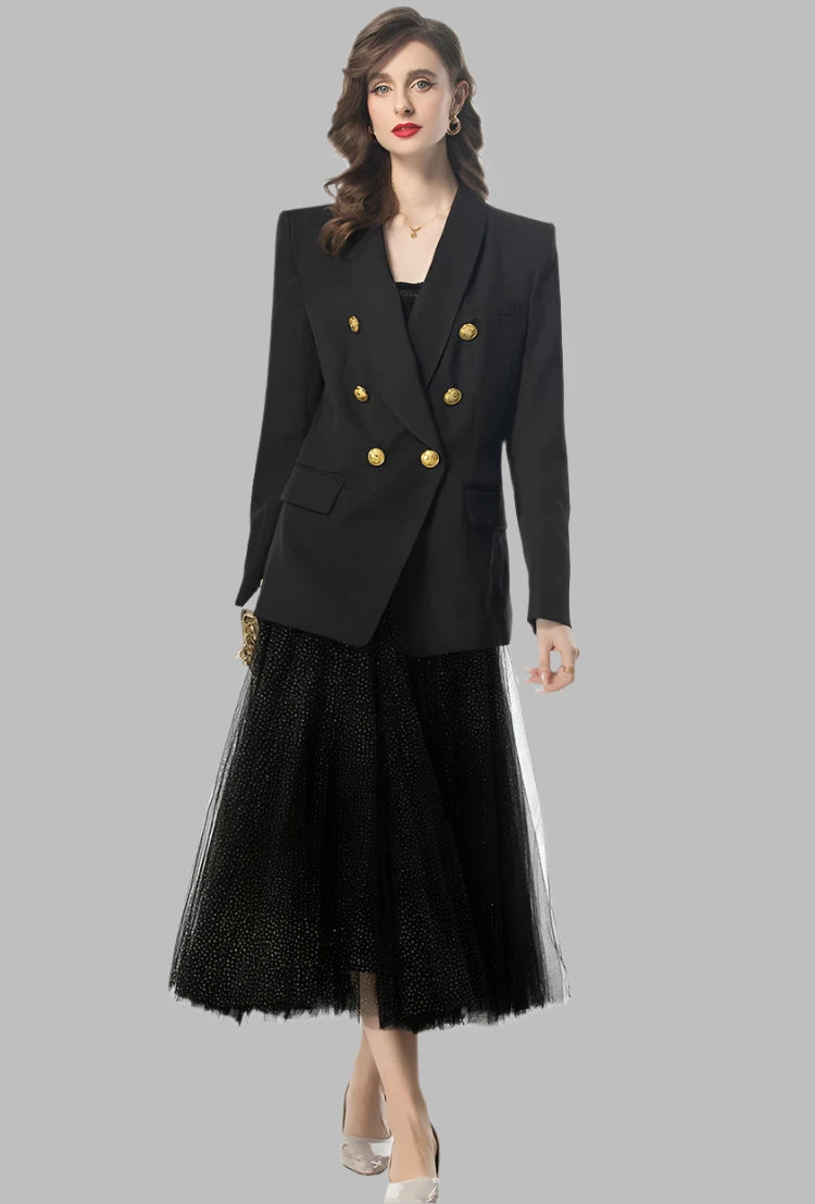 Long Sleeve Gold Button Blazer Mash Polka Dot Flutter Skirt Set