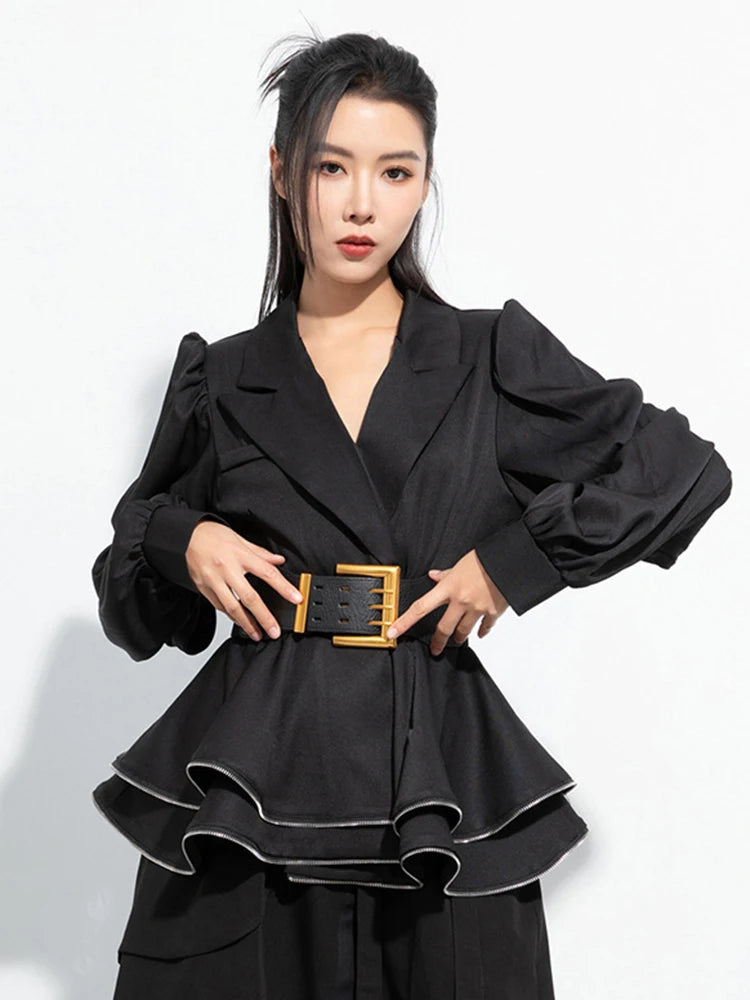 Belted Ruffles Zipper Elegant Lapel Lantern Sleeve Blazer