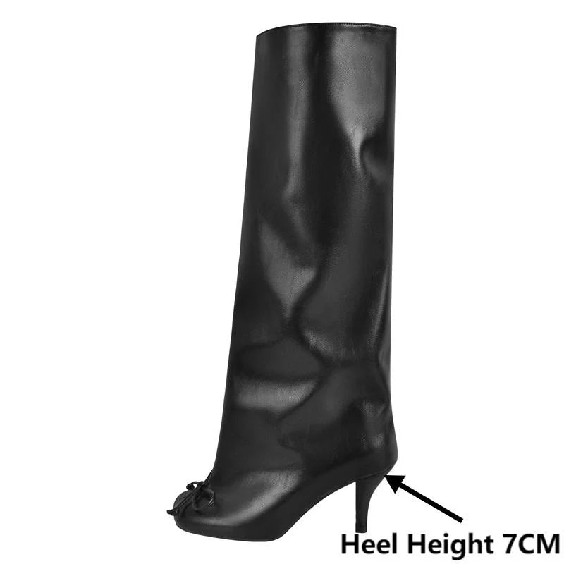 PU Leather Kitten Bow Decor Heel Knee High Heel Boots